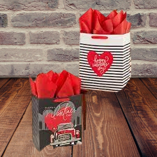 Charming Valentine's Day Gift Bags: Set of 2 Large 13" Bags with Tissue Paper - Featuring Vintage Red Truck and Black/White Stripes - Perfect for Adults, Spouse, Husband, Boyfriend