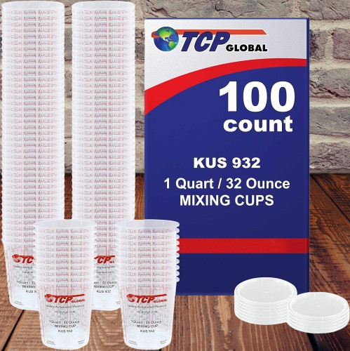 Custom Shop Quart Paint Mixing Cups - Full Case of 100 with Multiple Mixing Ratios (1-1, 2-1, 3-1, 4-1, 8-1) + 12 Bonus Lids