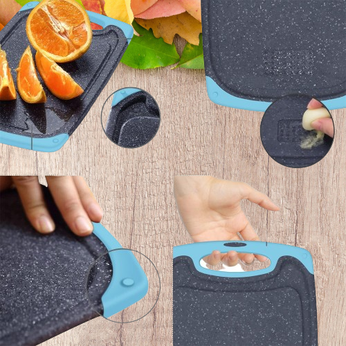 Aqua Plastic Cutting Boards Set: 3 Pieces, Dishwasher Safe with Juice Grooves, Easy-Grip Handles, Non-Slip Surface, Includes Grinding Area for Garlic and Ginger