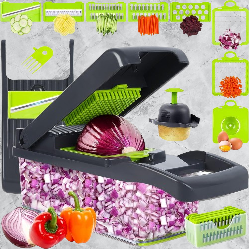 Pro 10-in-1 Multifunctional Vegetable Chopper and Slicer - Adjustable Mandolin Slicer, Onion Chopper, Dicing Machine with Container (Grey)