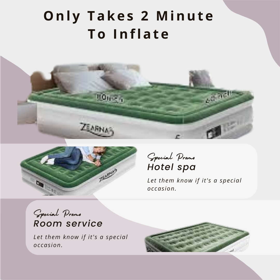 16'' Queen Size Zearna Queen Air Mattress: Built-in Pump, Ideal for Home, Camping, and Guests - Double High Inflatable Airbed, Adjustable, Durable, Portable, and Waterproof
